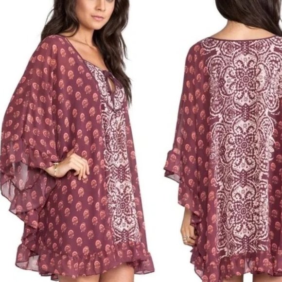FREE PEOPLE Marla Dreams Red Boho Festival Print Chiffon Tunic Mini Dress Small - Picture 1 of 10